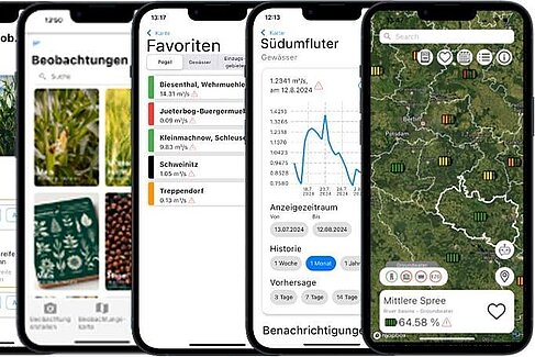 Screenshots der Info-App mit Karten und Grafiken. Copyright: HTW Berlin