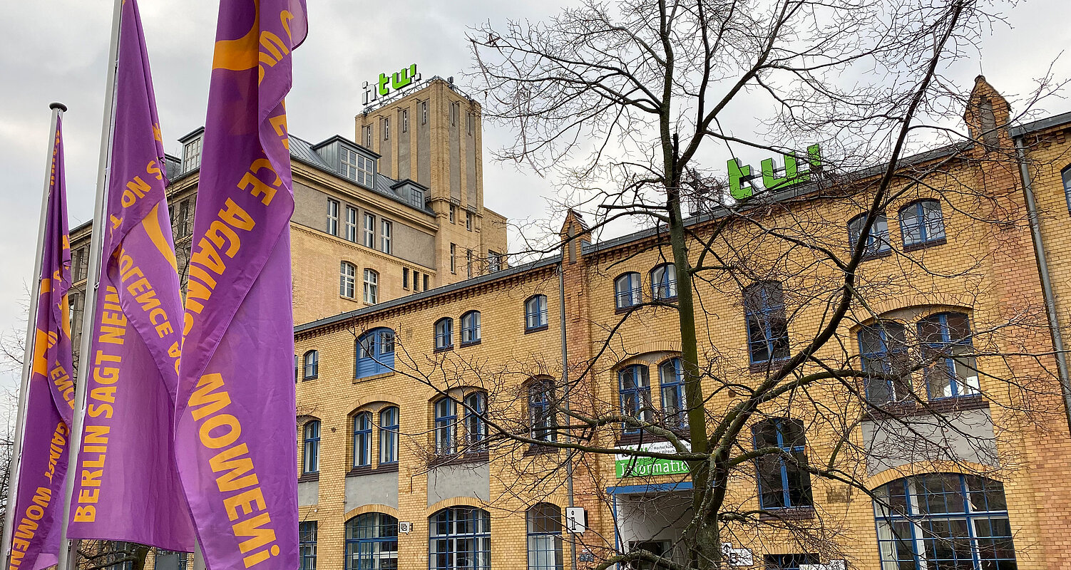 Fahnen zum Tag gegen Gewalt an Frauen auf dem Campus Wilhelminenhof