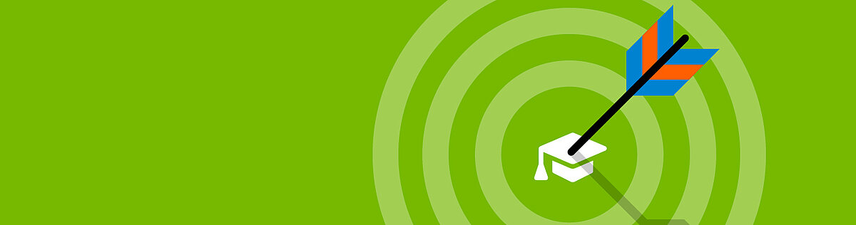 Grüner Hintergrund mit Zielscheibe mit einem Absolventenhut im Zentrum, in dem ein Pfeil steckt