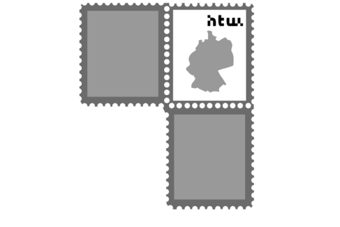 Illustration mit einer Briefmarke, darauf der Umriss Deutschlands