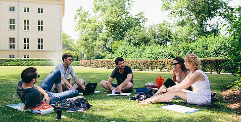 Studierende sitzen in lockerer Runde auf der Wiese am Campus Treskowallee